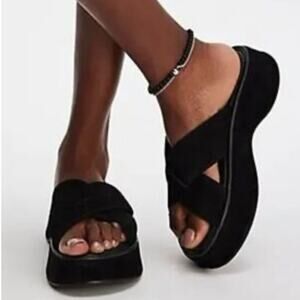 Free People Black Suede Leather Asbury Flatform Slides Size 7.5